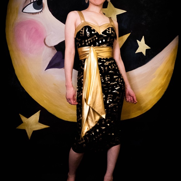 Pinup Couture Gold & Black Music Notes Wiggle Dress. Downtown Dames. - Picture 2 of 7